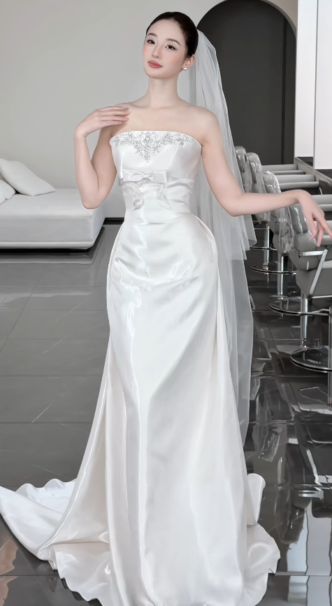 Chic White Sheath Satin Long Wedding Dress for Brides ED10477