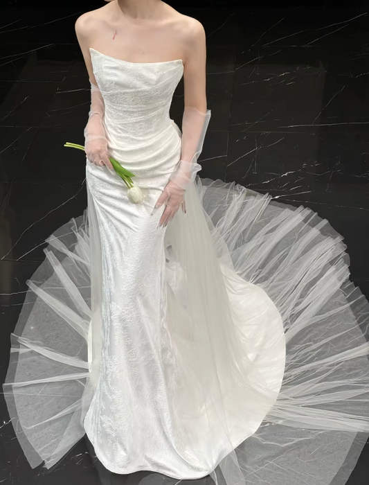 Chic White Sheath Satin Long Wedding Dress for Brides ED10478