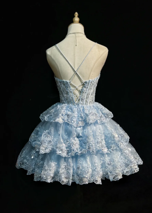 Chic Blue A-Line Short Homecoming Dress Lace Applique Birthday Dress ED10483