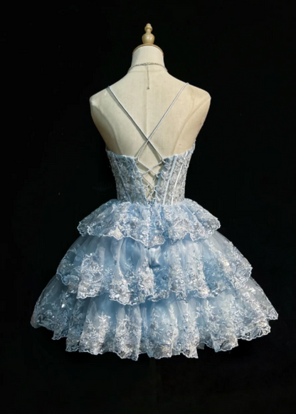 Chic Blue A-Line Short Homecoming Dress Lace Applique Birthday Dress ED10483