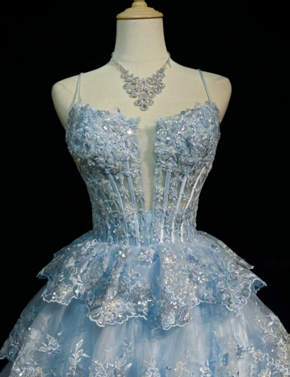 Chic Blue A-Line Short Homecoming Dress Lace Applique Birthday Dress ED10483