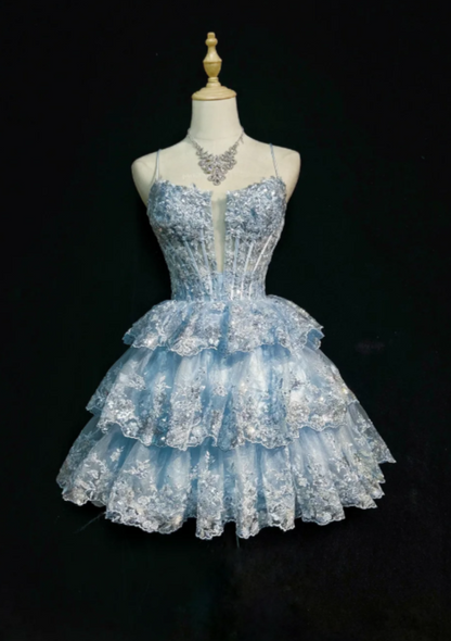 Chic Blue A-Line Short Homecoming Dress Lace Applique Birthday Dress ED10483