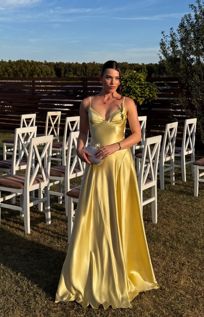 Chic Yellow Sheath Long Evening Dress Satin Prom Dress ED10488