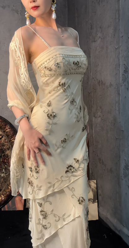 Chic Pale Yellow Sheath Long Evening Dress Chiffon Beaded Prom Dress ED10489