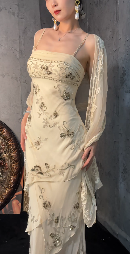 Chic Pale Yellow Sheath Long Evening Dress Chiffon Beaded Prom Dress ED10489