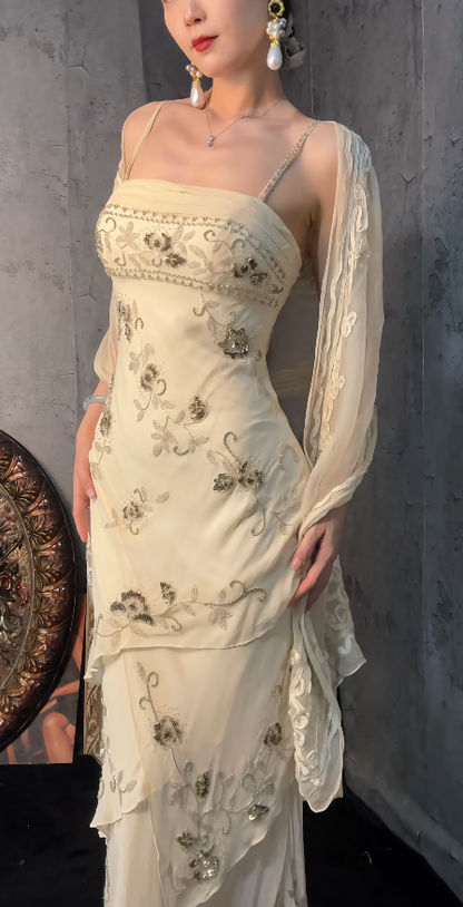 Chic Pale Yellow Sheath Long Evening Dress Chiffon Beaded Prom Dress ED10489
