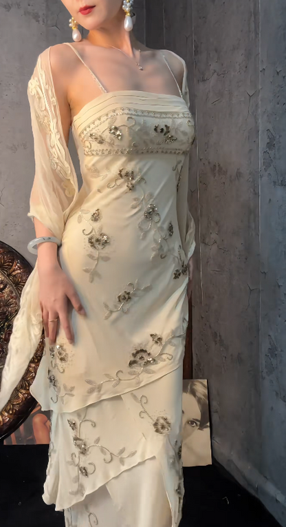 Chic Pale Yellow Sheath Long Evening Dress Chiffon Beaded Prom Dress ED10489