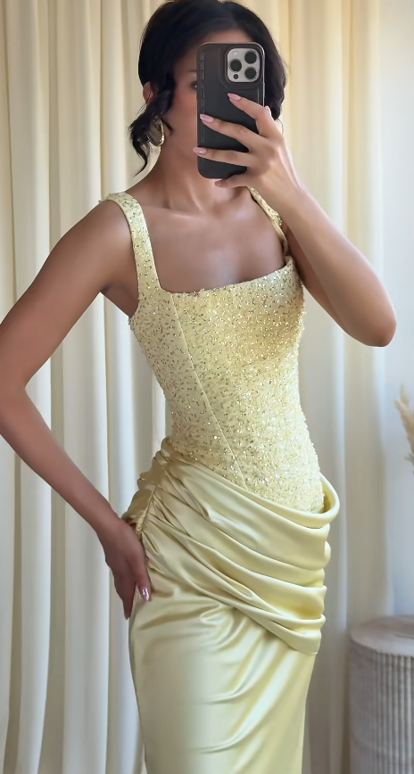 Pretty Yellow Short Homecoming Dress Sheath Satin Beaded Birthday Dress ED10533