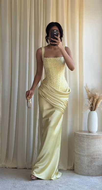 Pretty Yellow Short Homecoming Dress Sheath Satin Beaded Birthday Dress ED10533