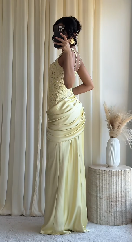 Pretty Yellow Short Homecoming Dress Sheath Satin Beaded Birthday Dress ED10533