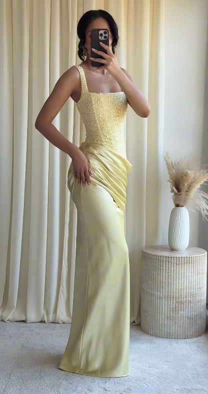 Pretty Yellow Short Homecoming Dress Sheath Satin Beaded Birthday Dress ED10533