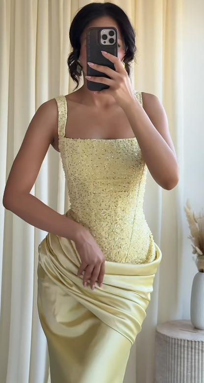 Pretty Yellow Short Homecoming Dress Sheath Satin Beaded Birthday Dress ED10533