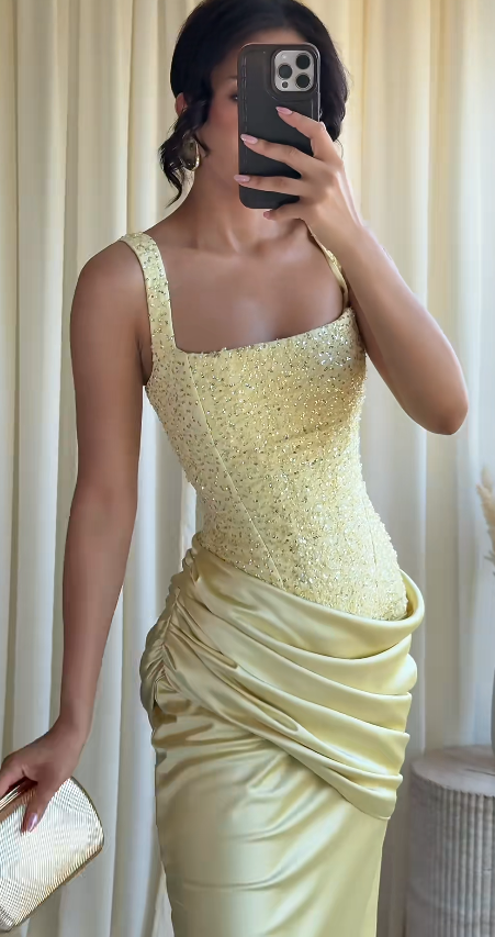Pretty Yellow Short Homecoming Dress Sheath Satin Beaded Birthday Dress ED10533