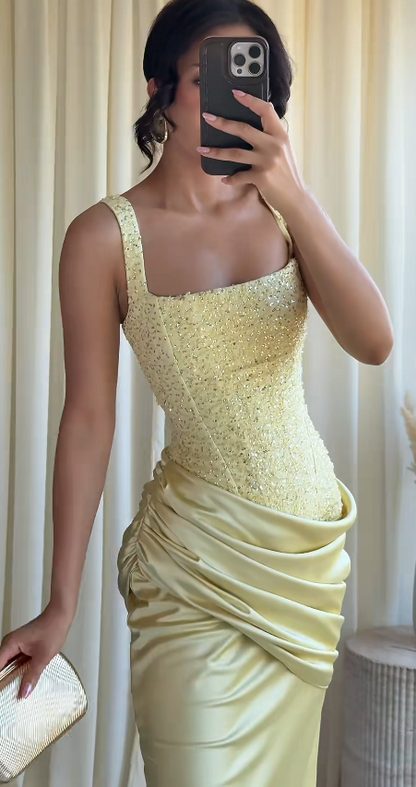 Pretty Yellow Short Homecoming Dress Sheath Satin Beaded Birthday Dress ED10533
