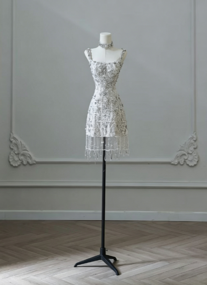Chic White Short Homecoming Dress A-Line Tulle Beaded Birthday Dress ED10546