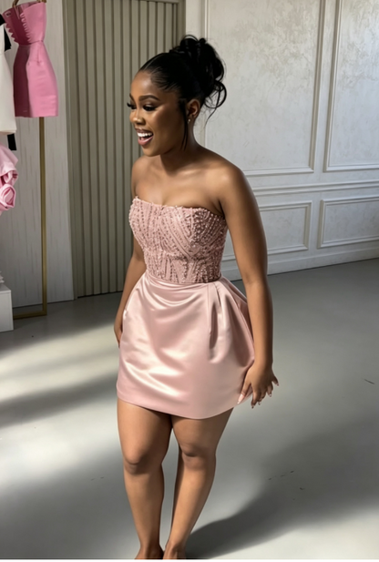 Chic Pink Short Homecoming Dress Sheath Satin Birthday Dress  ED10553