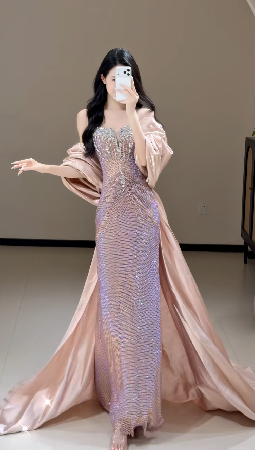 Elegant Champagne Prom Dress Sheath Tulle Beaded Long Evening Dress ED10565