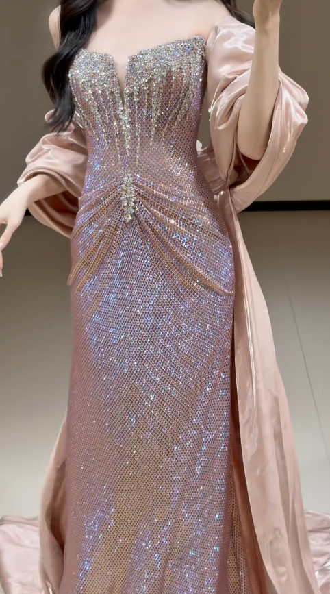 Elegant Champagne Prom Dress Sheath Tulle Beaded Long Evening Dress ED10565