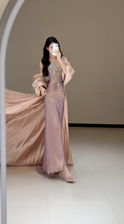 Elegant Champagne Prom Dress Sheath Tulle Beaded Long Evening Dress ED10565