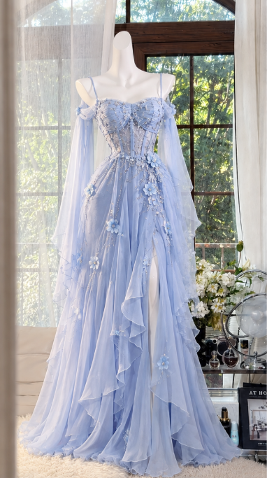 Elegant Blue Prom Dress Sheath Chiffon Beaded Long Evening Dress  ED10568