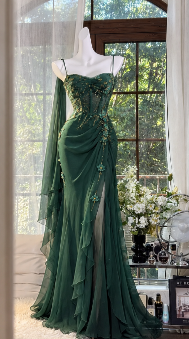Elegant Dark Green Prom Dress Sheath Chiffon Beaded Long Evening Dress  ED10570