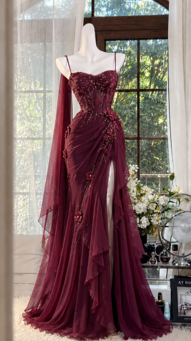 Elegant Burgundy Prom Dress Sheath Chiffon Beaded Long Evening Dress  ED10571