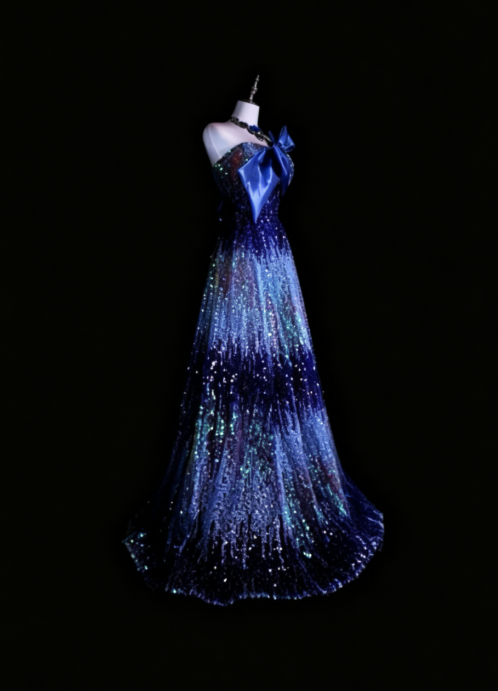 Elegant Navy Blue Prom Dress Sheath Sequins Long Evening Dress ED10575
