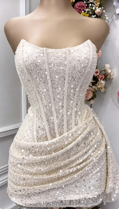 Elegant Ivory Short Homecoming Dress Sheath Sequins Birthday Dress ED10578