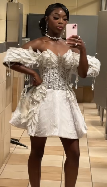 Elegant White Short Homecoming Dress A-Line Satin Beaded Birthday Dress ED10579