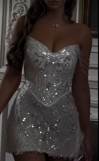 Elegant White Short Homecoming Dress Sheath Tulle Beaded Birthday Dress ED10580