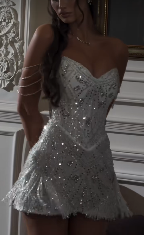 Elegant White Short Homecoming Dress Sheath Tulle Beaded Birthday Dress ED10580