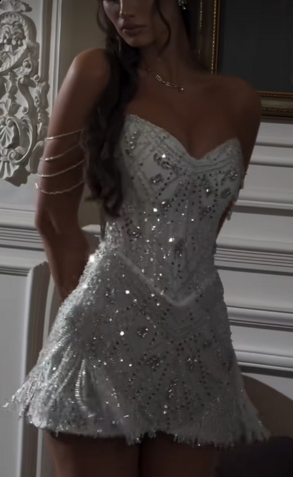 Elegant White Short Homecoming Dress Sheath Tulle Beaded Birthday Dress ED10580