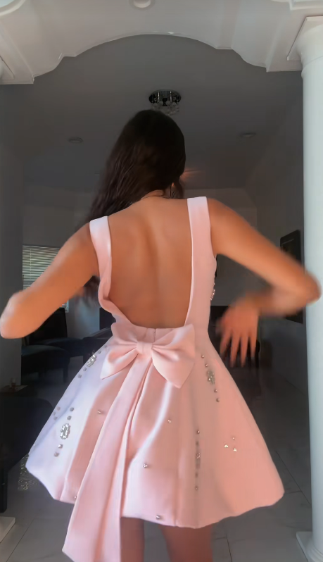 Elegant Pink Short Homecoming Dress A-Line Satin Beaded Birthday Dress ED10582