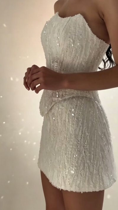Elegant White Short Homecoming Dress Tulle Sheath Beaded Birthday Dress ED10588