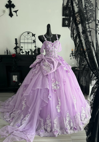 Fairy Lilac Ball Gown Tulle Quinceanera Dress Applique Sweet 16 Dress ED10601
