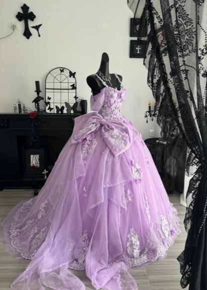 Fairy Lilac Ball Gown Tulle Quinceanera Dress Applique Sweet 16 Dress ED10601