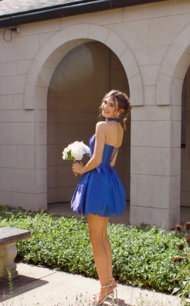 Fashion Blue Short Birthday Party Dress A-Line Satin Homecoming Dress ED10656