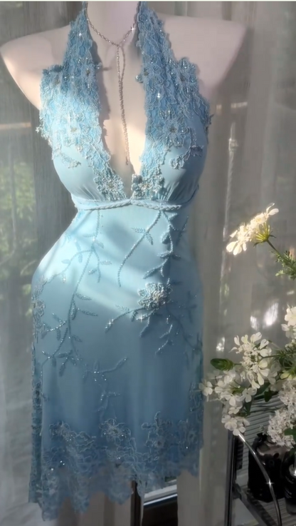Fashion Blue Short Birthday Party Dress Sheath Satin Beaded Homecoming Dress ED10661