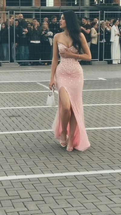 Chic Pink Prom Dress Sheath Chiffon Sequins Long Evening Dress ED10677