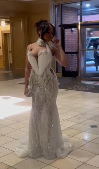 Chic White Prom Dress Mermaid Tulle Sequins Long Evening Dress ED10678
