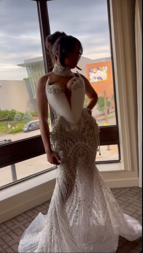 Chic White Prom Dress Mermaid Tulle Sequins Long Evening Dress ED10678