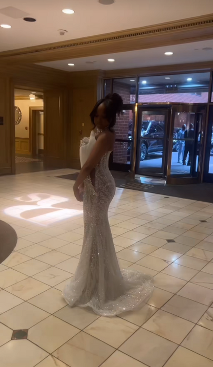 Chic White Prom Dress Mermaid Tulle Sequins Long Evening Dress ED10678