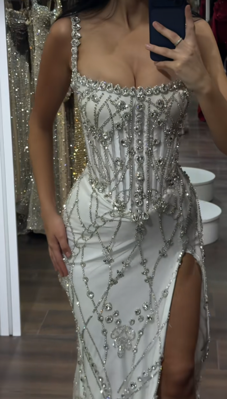 Chic White Prom Dress Sheath Tulle Sequins Long Evening Dress ED10679