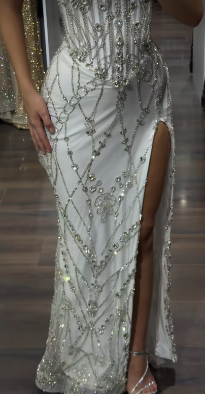 Chic White Prom Dress Sheath Tulle Sequins Long Evening Dress ED10679