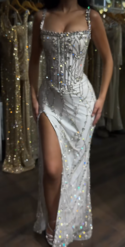 Chic White Prom Dress Sheath Tulle Sequins Long Evening Dress ED10679