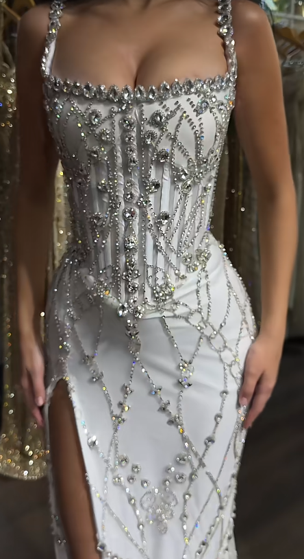 Chic White Prom Dress Sheath Tulle Sequins Long Evening Dress ED10679