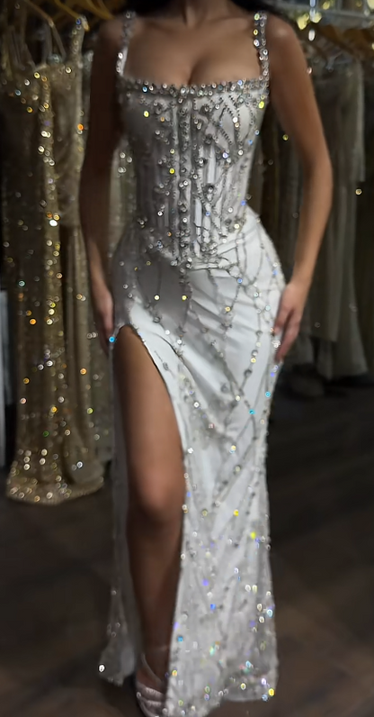 Chic White Prom Dress Sheath Tulle Sequins Long Evening Dress ED10679