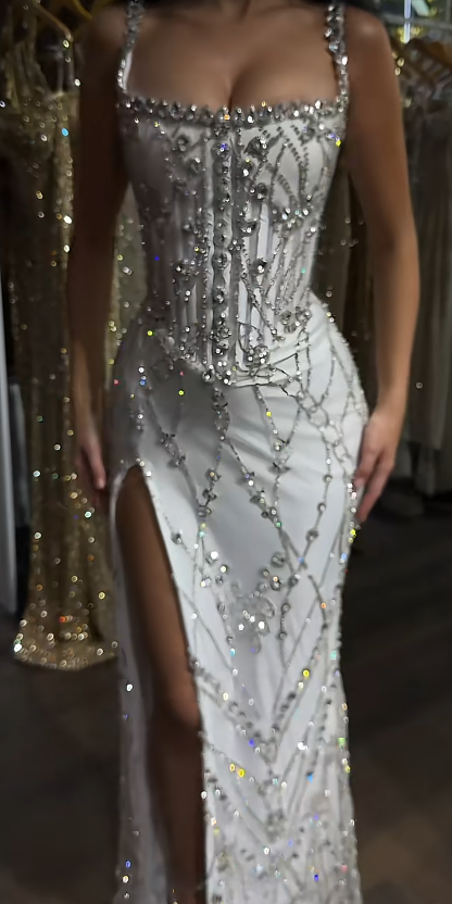 Chic White Prom Dress Sheath Tulle Sequins Long Evening Dress ED10679