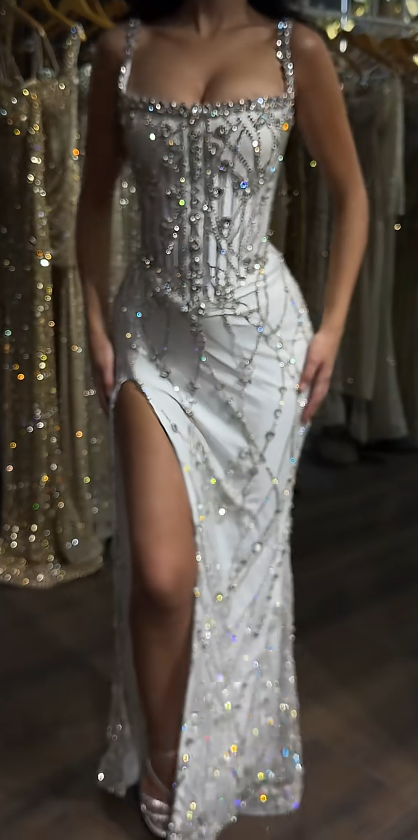 Chic White Prom Dress Sheath Tulle Sequins Long Evening Dress ED10679