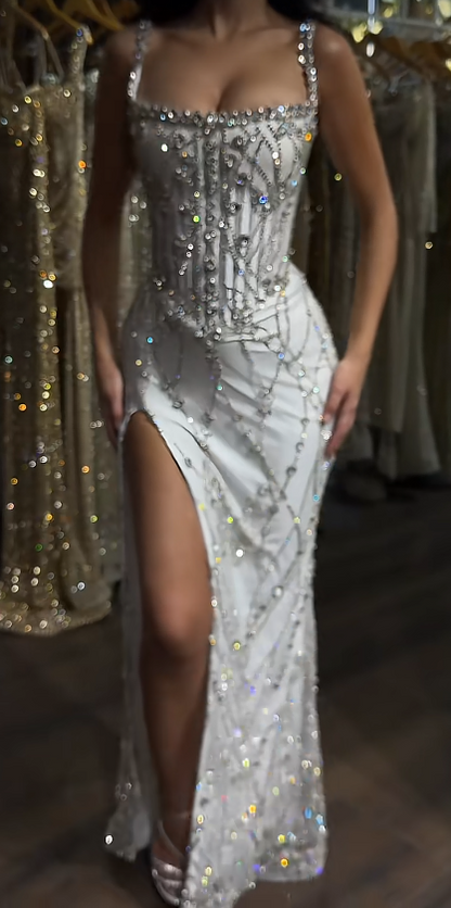 Chic White Prom Dress Sheath Tulle Sequins Long Evening Dress ED10679